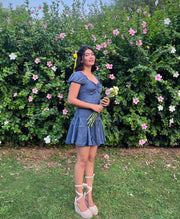 Ariel-Blue Satin Flared Dress