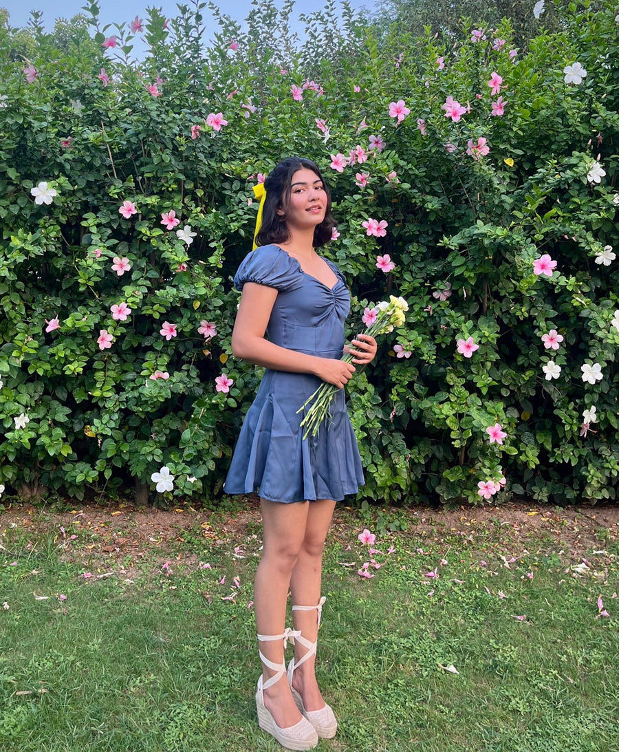 Ariel-Blue Satin Flared Dress