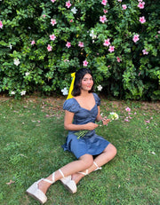 Ariel-Blue Satin Flared Dress