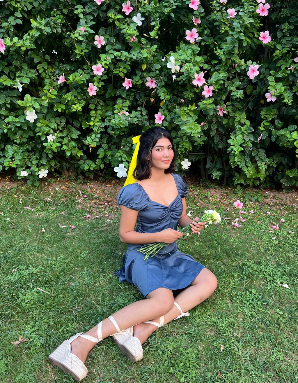 Ariel-Blue Satin Flared Dress – mynomad