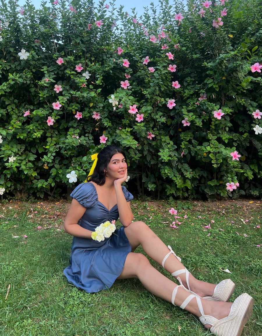 Ariel-Blue Satin Flared Dress